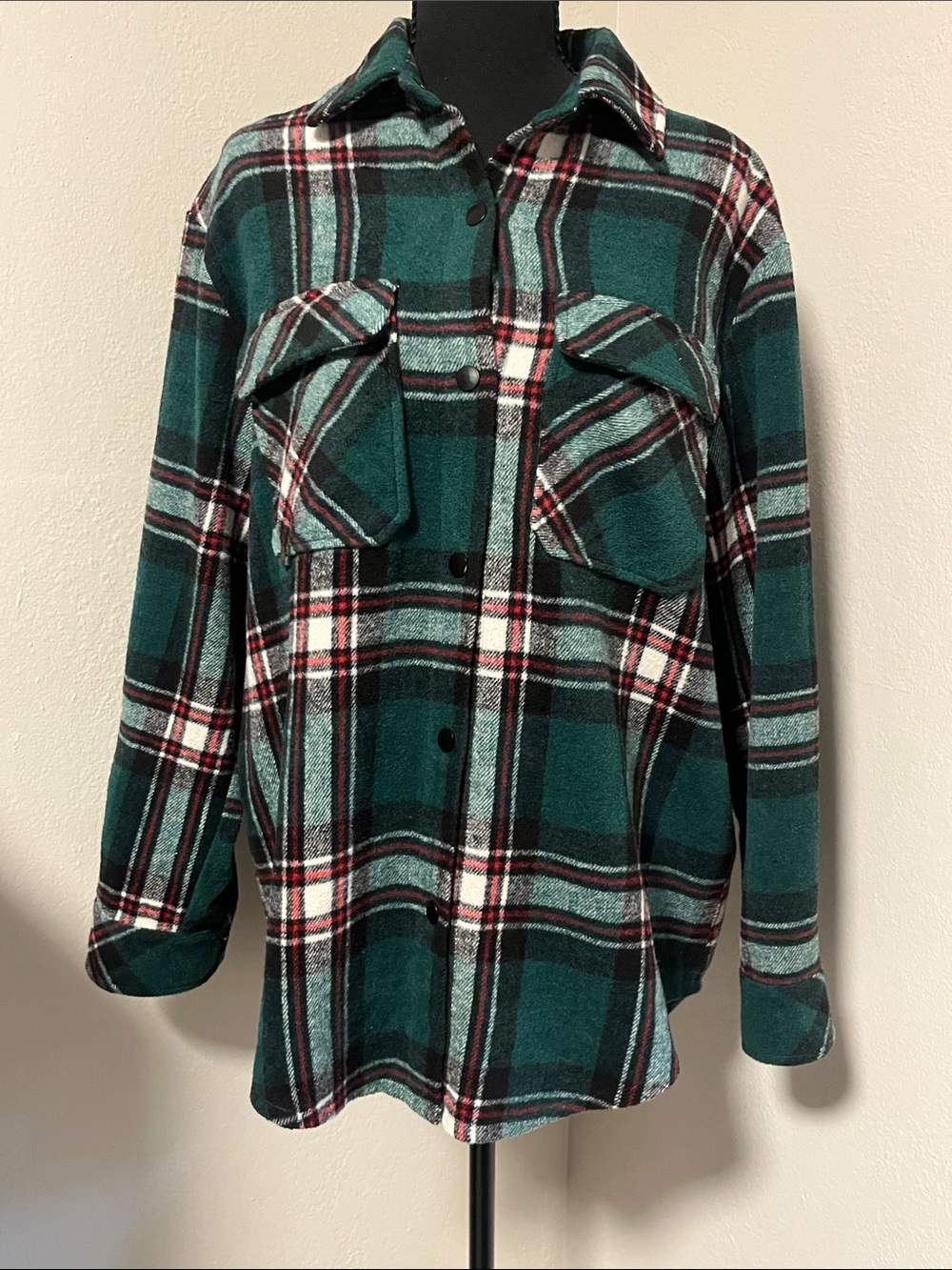 Mulla Green Plaid Button-Up Shacket with Red Accents-Small